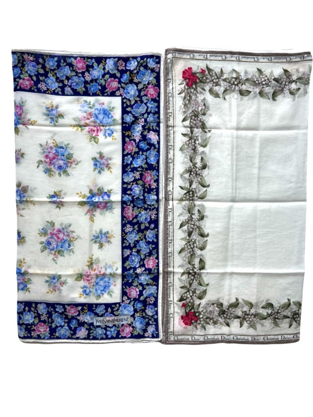 2 Neck-Kerchief YSL & Christian Dior cotton 18.5" white blue red  foral ( - Picture 14 of 14
